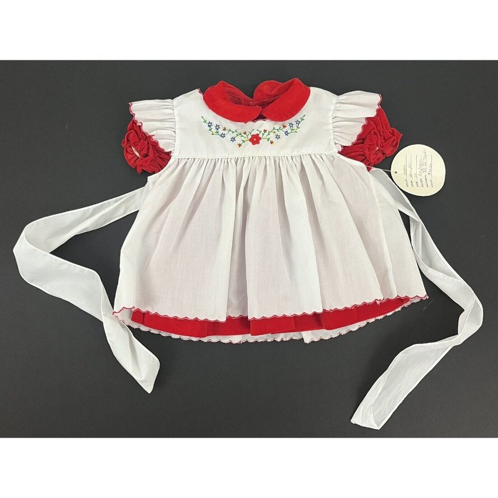Vintage Carousel Girl's 12 months Dress Red Velvet White Embroidered Pinafore